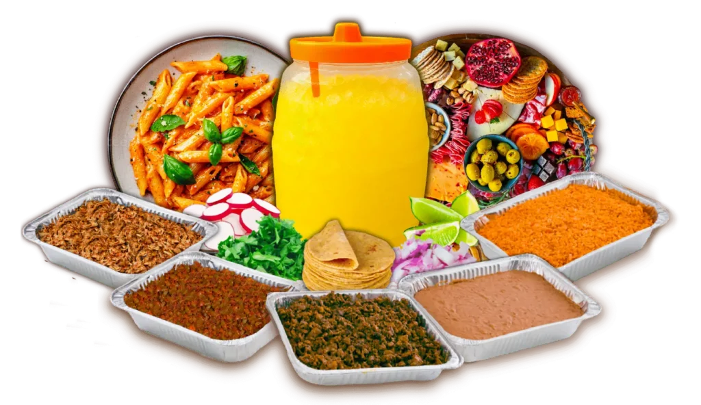 Food Display showing trays and a jug of agua fresca